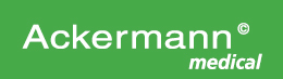 Ackermann medical words in white on green background logo