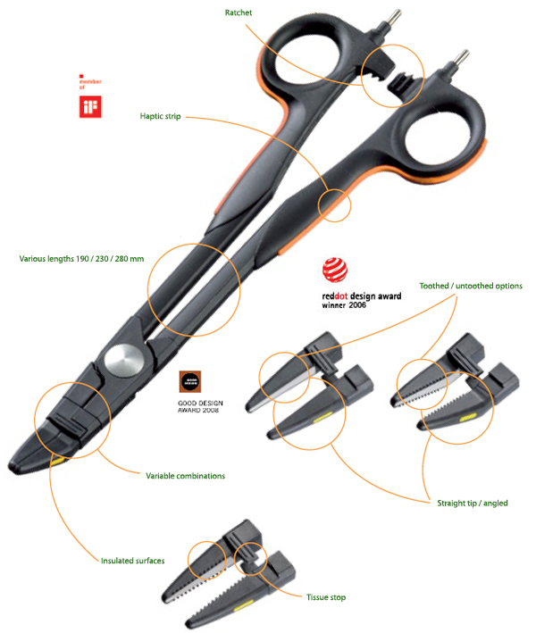 TissueSeal handles with tips fitted showing design details such as ratchet, ergonomic handles, toothed and non toothed tips
